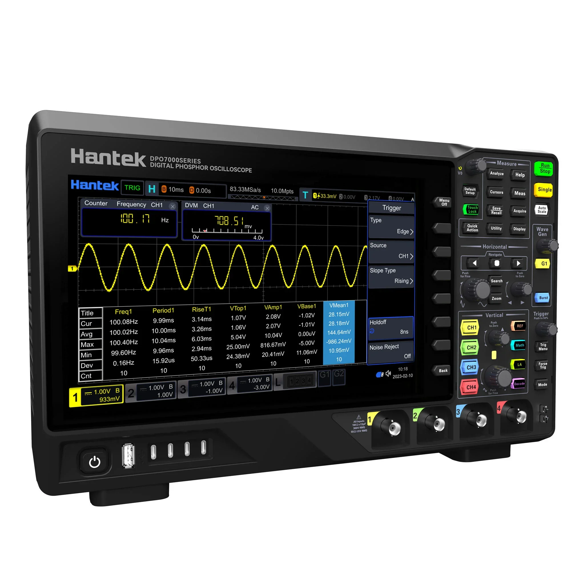 Hantek Oscilloscope DPO7104E 4 Channel 100MHZ Waveform Generator 16 Channel Logic Analyzer 10.1 Inch Screen  2G Memory Depth