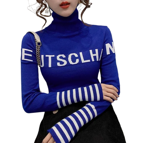 여성용 터틀넥 풀오버, 레터 뜨게 스웨터, 스트라이프 상의, 스타일리시 슬림 보터밍 셔츠, 가을 겨울 인테리어 래핑  Best5