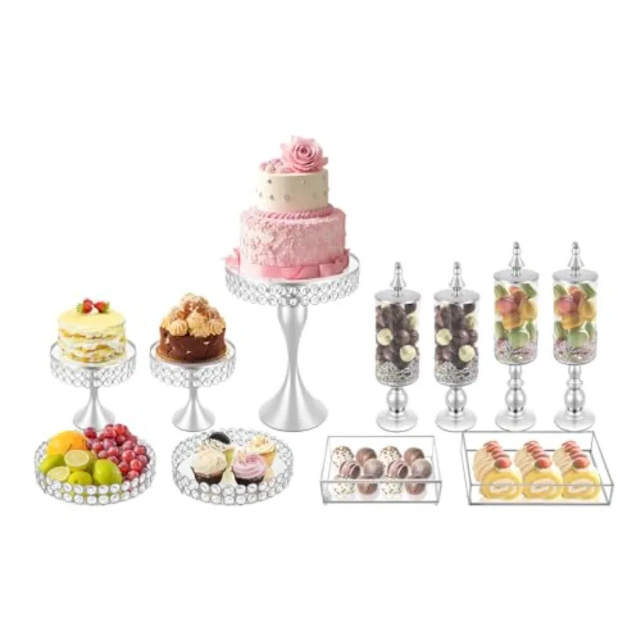 

Набор подставок для торта из 11 предметов, серебристый хрустальный набор для десертного стола, металлический поднос для капкейков, подставка для конфет и фруктов для свадеб и послеобеденных чаепитий