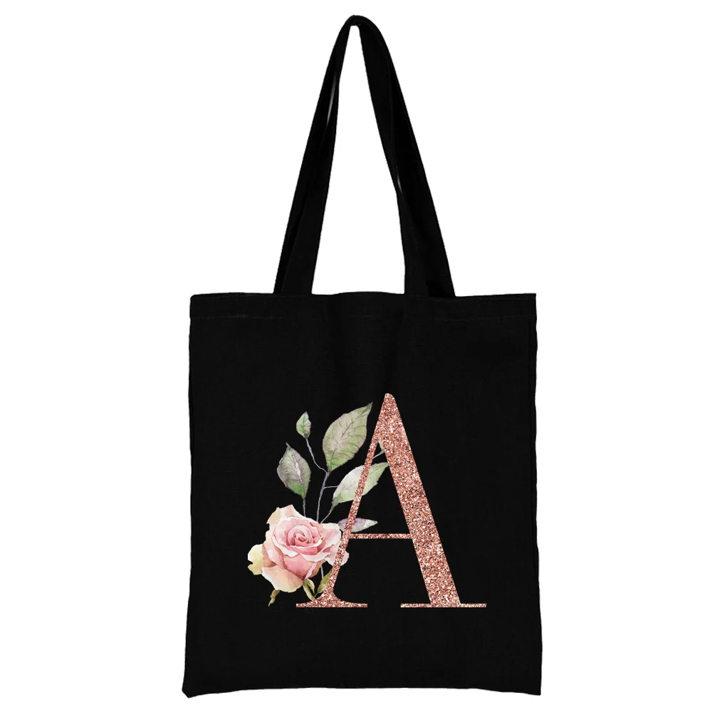 Women Canvas Shoulder Bag Ladies Casual Grocery Handbag Fashion Rose Letter Print Tote Bags Reusable Large Capacity Shopping Bag