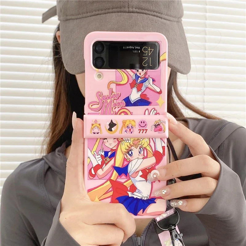 Cute Japan Anime Sailor Moon Luna Cat Phone Case For Samsung Galaxy Z Flip 6 5 Soft TPU Cover For Z Flip 3 4 With Lanyard