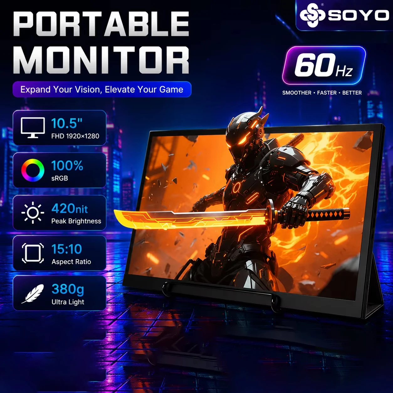 SOYO 10.5 Portable Monitor 100% RGB FHD 1080P Kickstand Portable Laptop Monitor High Color Gamut Display IPS Eye Care Screen