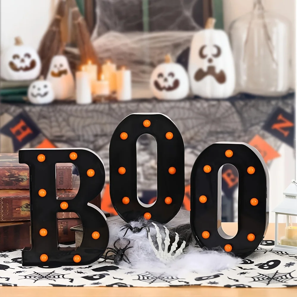 3 Pcs Halloween Party Supplies Boo Decorations  Led Letters [Boo] Halloween Lights Decor Outdoor Home Room Kitchen Fireplace