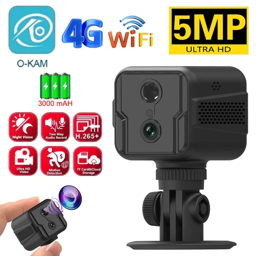 4G Security Camera SIM Card WiFi 5MP Mini Camera 3000mah Battery Low Power Voice Intercom Surveillance Camcorder Video Recorder