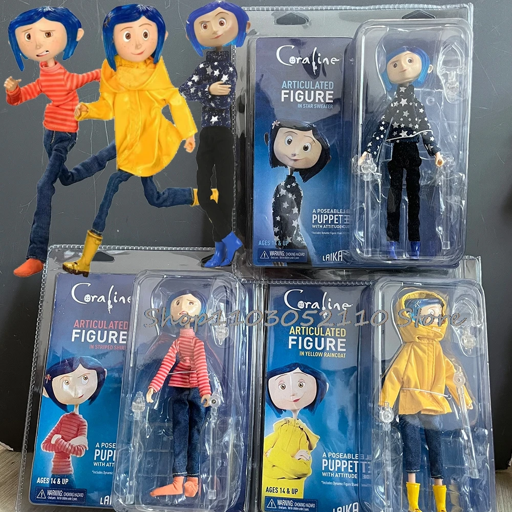 

NECA Coraline Doll Articulated Figure Anime Raincoat Sweater In Striped Shirt Toy LA Girl Decoration Model Bithday Gifts