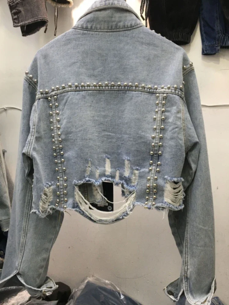 2024 Women\'s Jacket Spring Summer Casual Rivet Vintage Denim Long Sleeved Top Fashion Versatile Pocket Short Denim COAT Female