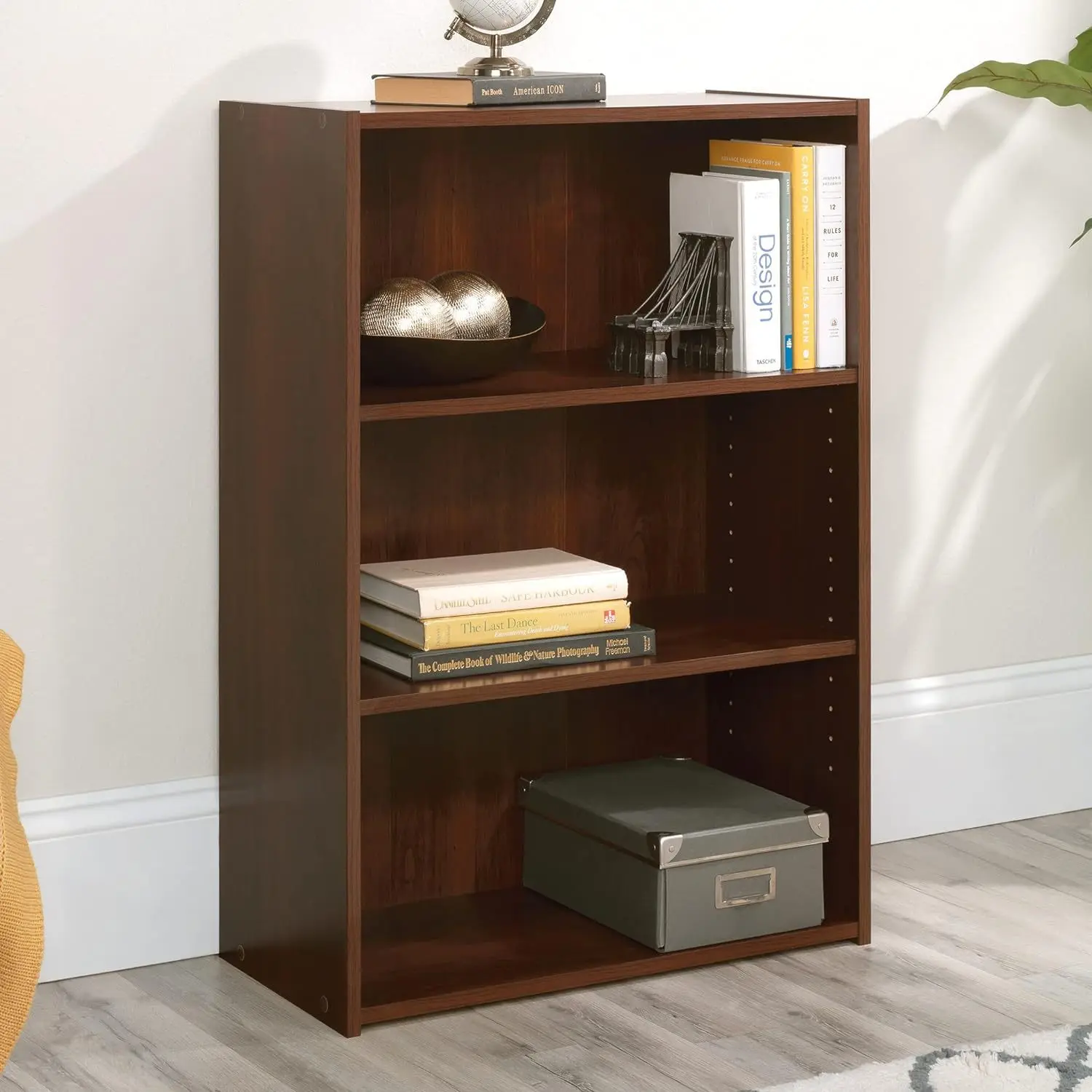 &Triple shelf with adjustable storage shelf in cherry wood finish for home office