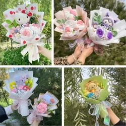 My Melody Kuromi Cinnamoroll Kt Cat Plush Doll Toy With Flowers Creative Handmade Bouquet Valentine Christmas Graduation Gifts