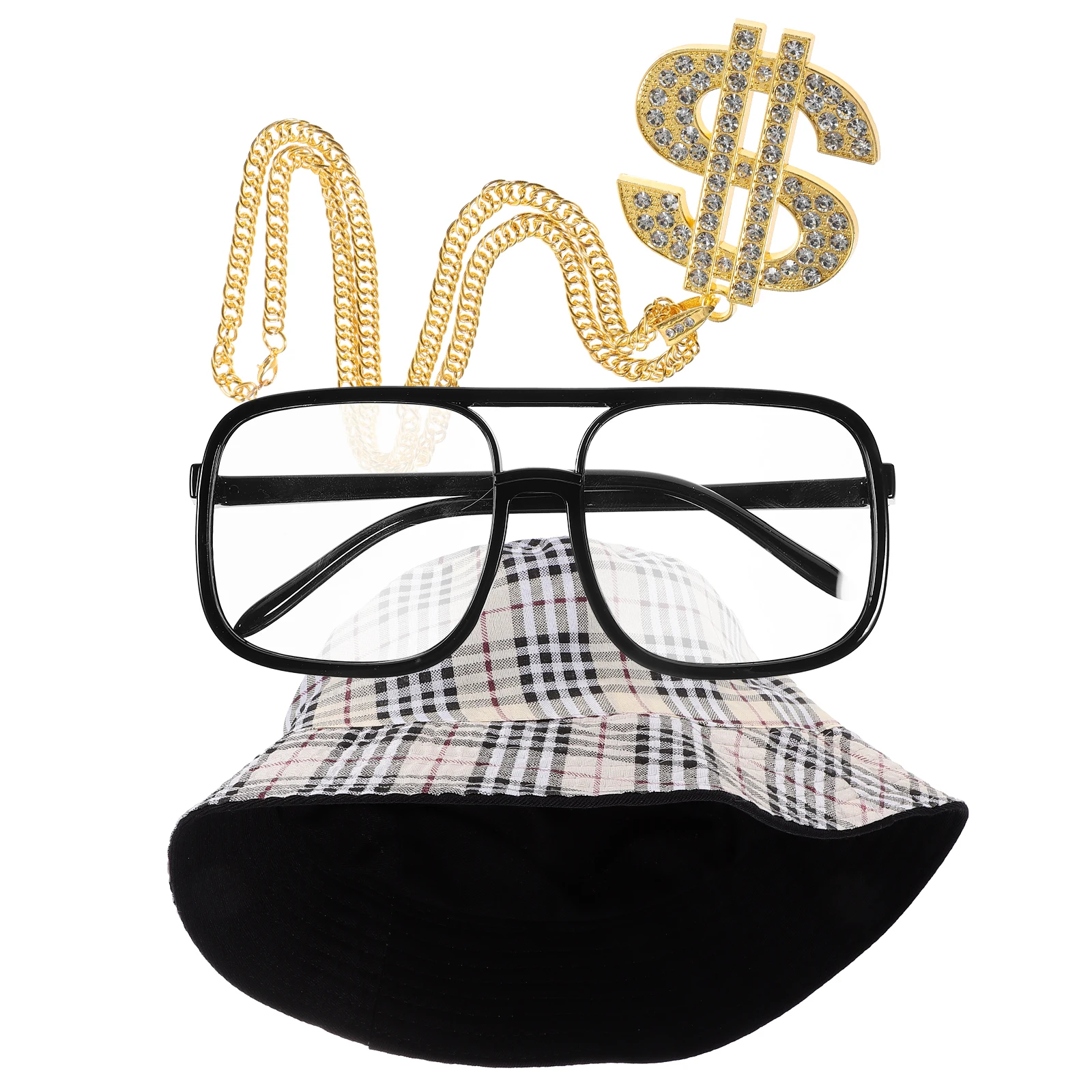 

4Pcs Exquisite Hip Hop Jewelry Set Necklace Ring Hat Glasses for Theme Parties