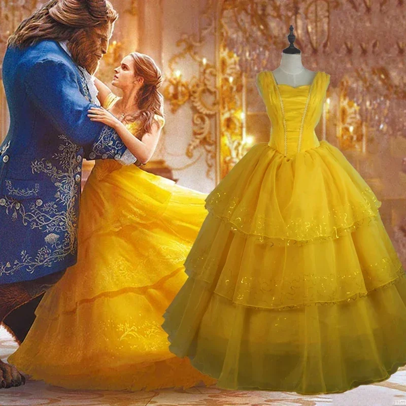 

Beauty and Beast Costume Princess Dress Adult Fantasy Role Playing Halloween Women's Yellow Fantasy Performance Dress