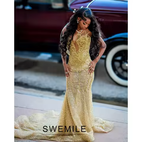 Gold Beaded Prom Dresses for Women 2026 Strapless Pearls Embellished Mermaid Long Sheath Cocktail Evening Dress Customized