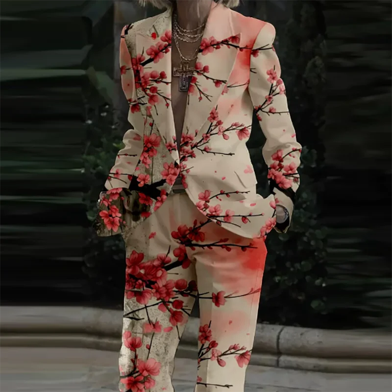 

Temperament Commute Slim Suit Women's Sets Elegant Floral Printed Long Sleeve Coat & Pocket Pants Sets Autumn New Vintage Outfit