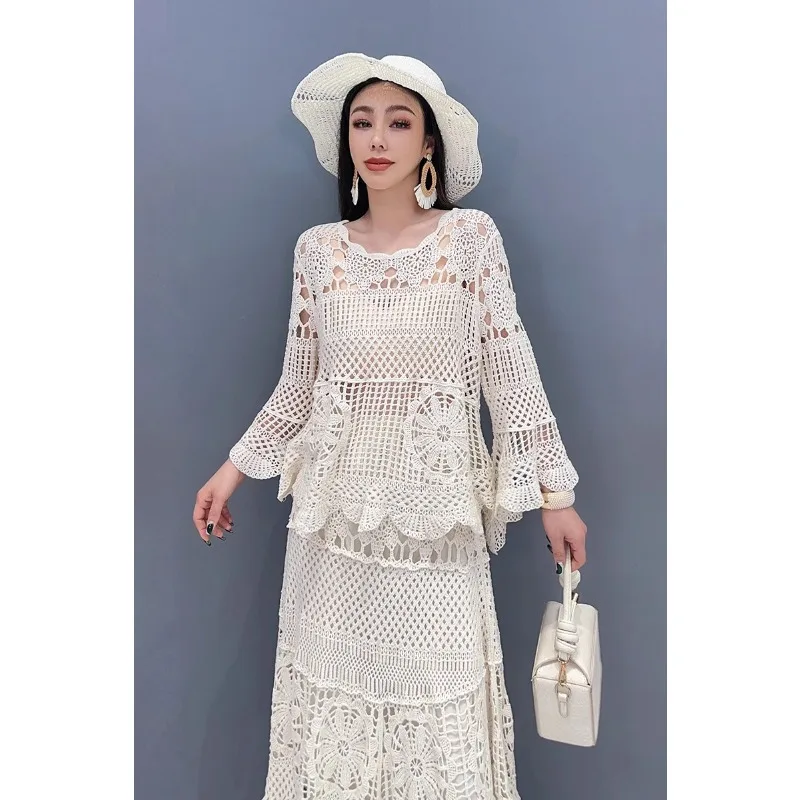 SuperAen 2024 Spring/Summer New Lace Set Hollow Top Large Swing Long Dress Two Piece Set Fashion Elegant Dress Set