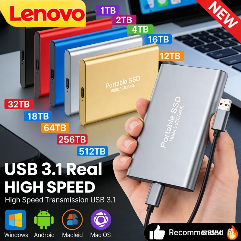 

Внешний твердотельный накопитель Lenovo 1 ТБ, высокоскоростной жесткий диск 2 ТБ, портативный SSD USB 3.1 128 ТБ для ПК/ноутбука/Mac/телефона