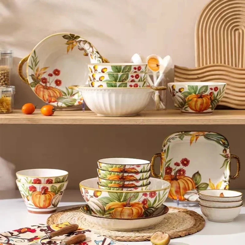1PC Pumpkin Bowl Dish Tableware Household Ceramic Dishes Soup Double Ear Baking Plate Circular Bamboo Hat