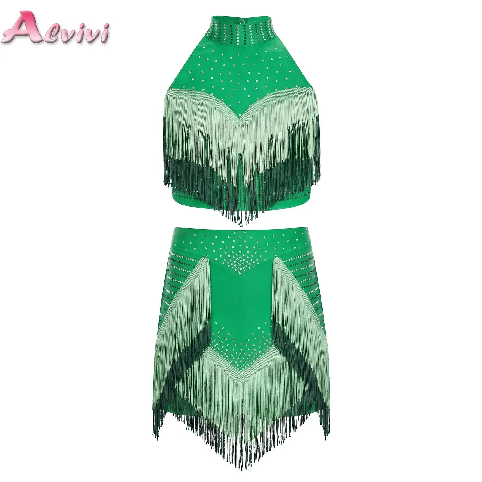 Kids Girls Rhinestone Ballet Tassel Latin Dance Outfit Halter Sleeveless Crop Top with Skirt Dress for Performance Competition