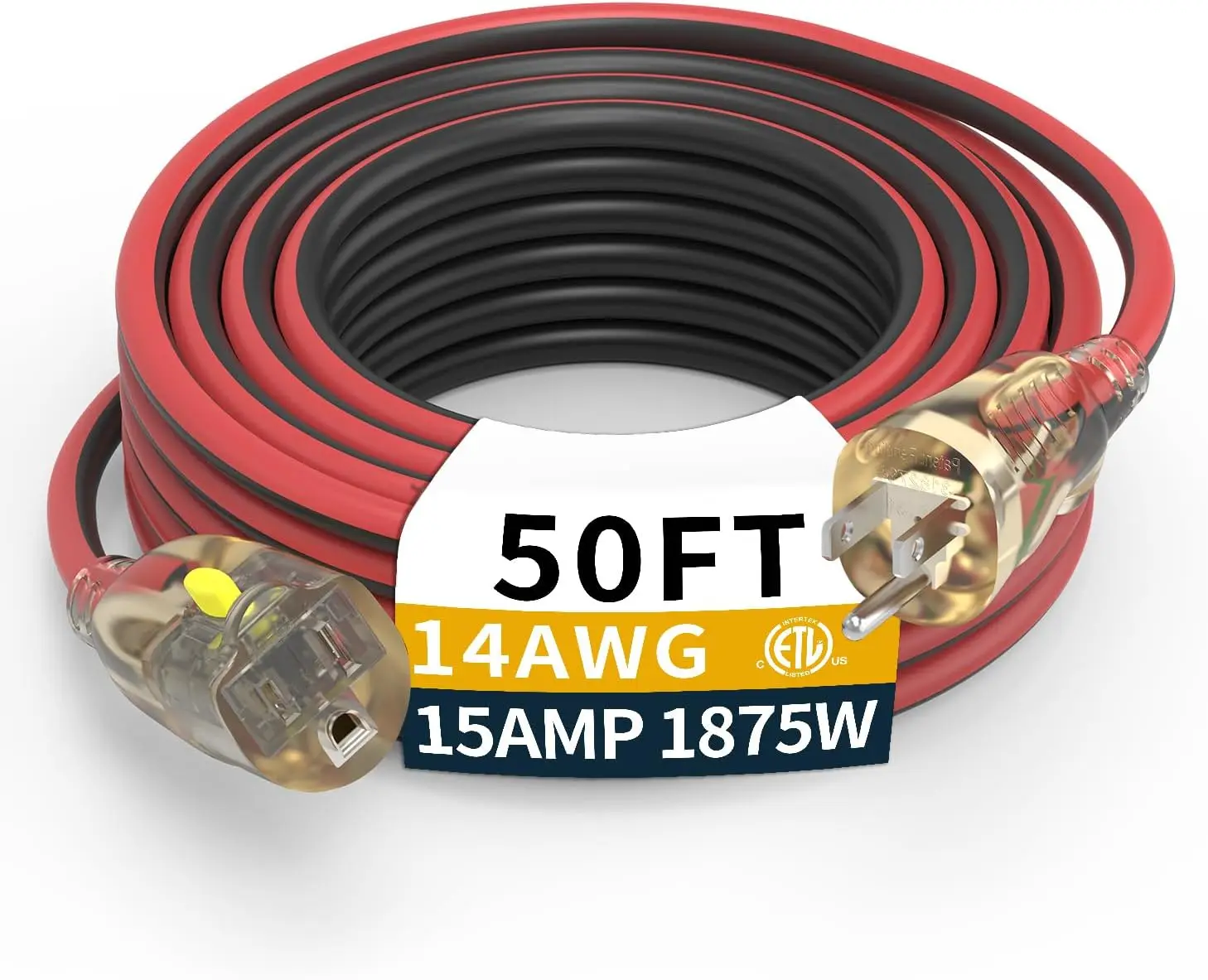 

50FT Extra Long Heavy Duty Outdoor Extension Cords, 14/3 Gauge Electrical Wire Cable, 15 Amp Waterproof, LED Lighted Locking Plu
