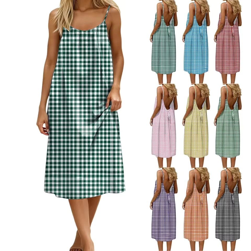 

Women Sexy Plaid Printed Sling Dress Loose Fit Sleeveless Backless Adjustable Short Dress With Straps Cocktail Dresses For Women
