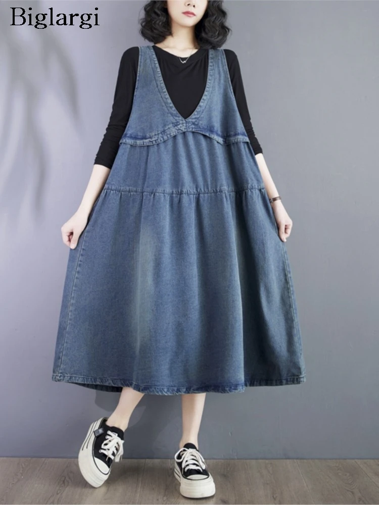 Denim Oversized Summer Sleeveless Vest Dress Women Loose Ruffle Pleated Fashion Casual Ladies Dresses A-Line Woman Midi Dress