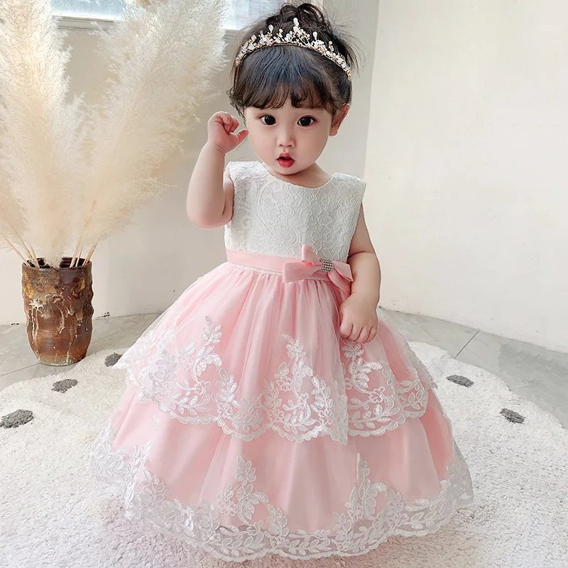 Lovely Lace Printing Layered Bow Princess Flower Girl Dress Wedding Party Ball First Communion Dresses Dream Kids Birthday Gift