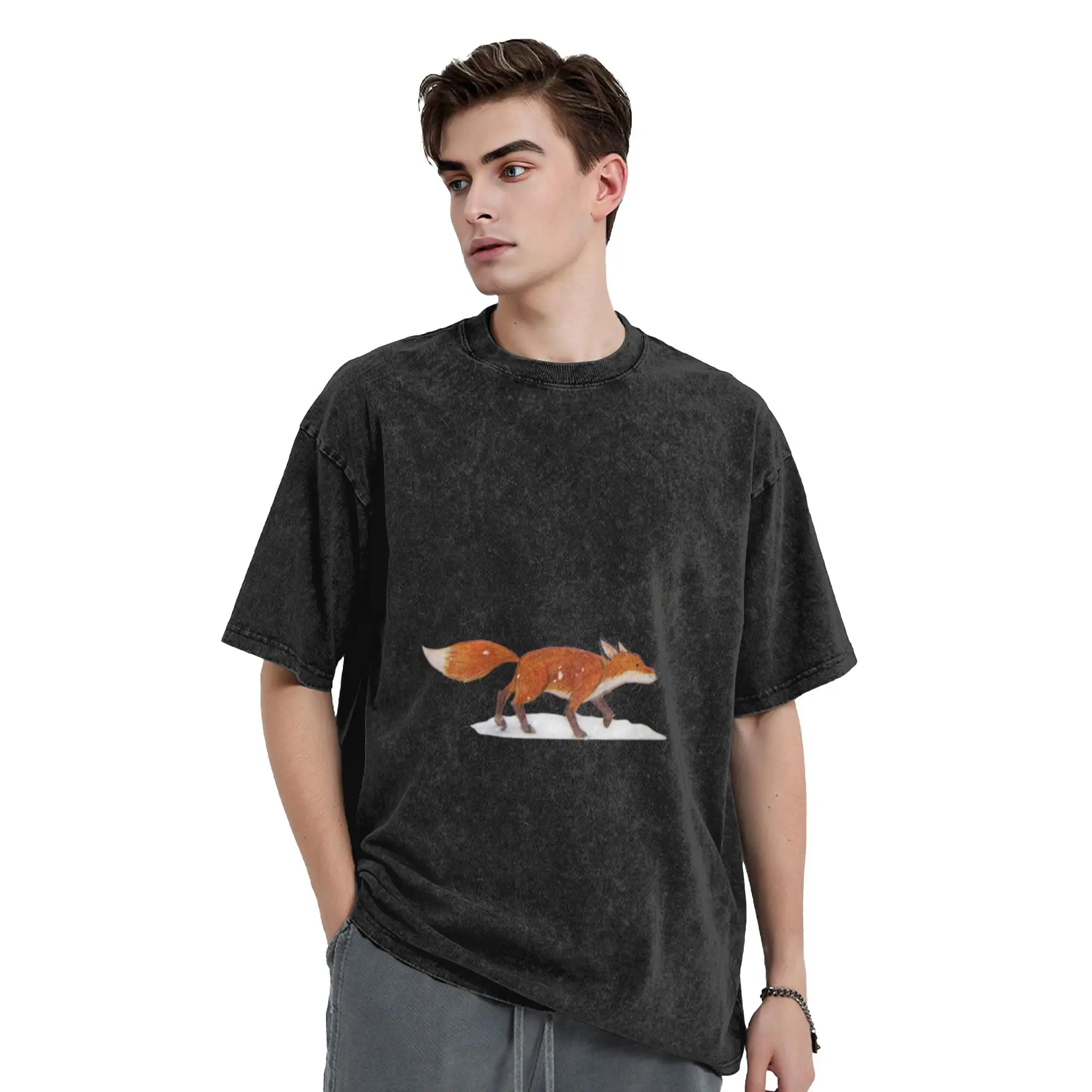 Winter Woodland - Wandering Fox  Unique Comfort A Washed T Shirt Men's Women's Oversized Cotton Tees Tops