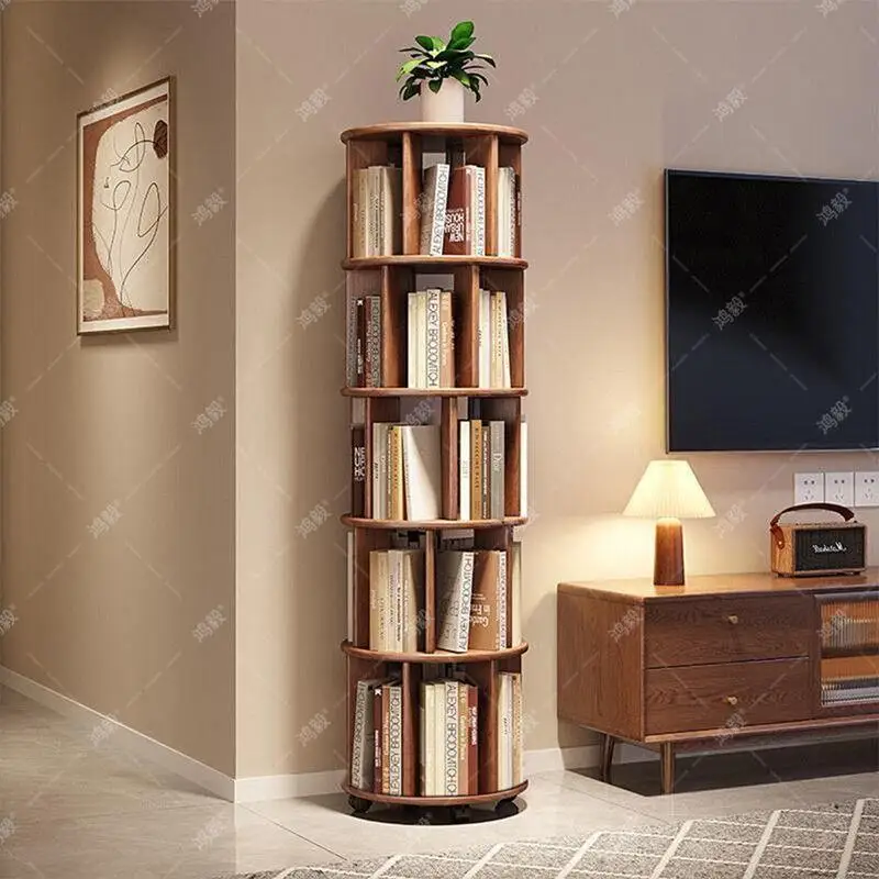 360° Rotating Shelving Unit, Made of Solid Wood, Movable, Small Footprint, Large Capacity, Suitable for Living Room and Bedroom.