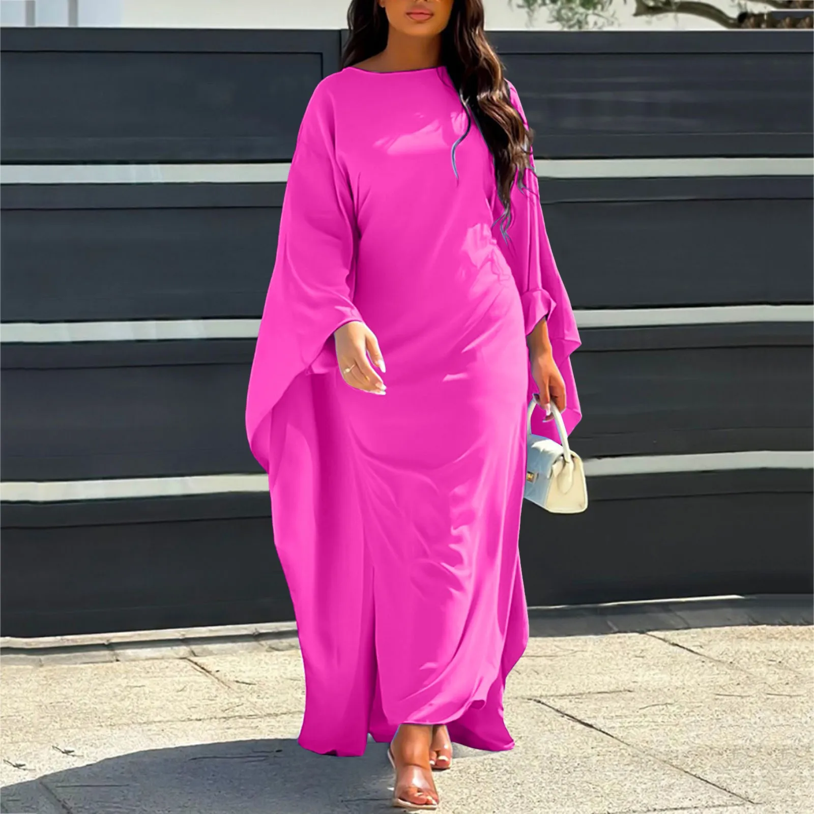

Fashion Satin Party Dress Robe Abaya Muslim Women Elegant Solid Round Neck Bat Sleeves Loose Maxi Dress Lace Robe Long Sleeve