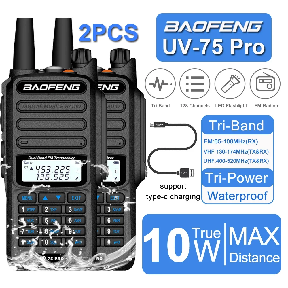 

2PCS Baofeng UV-75 PRO Waterproof Walkie Talkie Dual Band UHF VHF 128CH Radio 2-Way Radio Long Range Radio Upgrade UV9R Plus