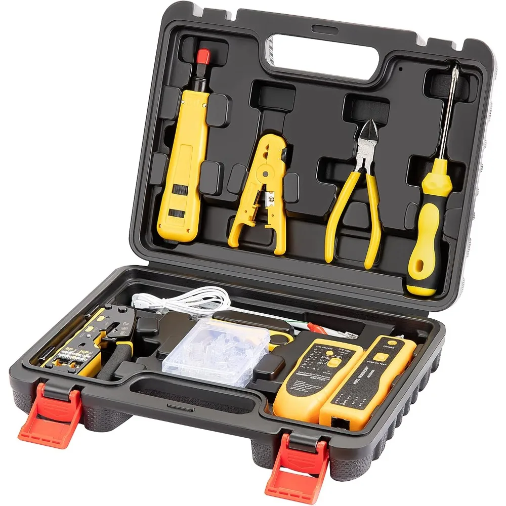 

Network Tool Kit, RJ45 Crimp Tool Kit Pass Through Crimper Crimping Tool, Wire Tracker, 110/88 Punchdown Tool, Stripper, Cutter