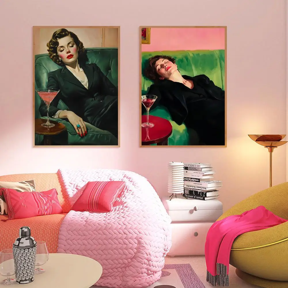 Woman on Couch HD Wall Art Poster Martini Cocktail Illustration Soft Oil Painting Bar Decor Bedroom Living Room Gift