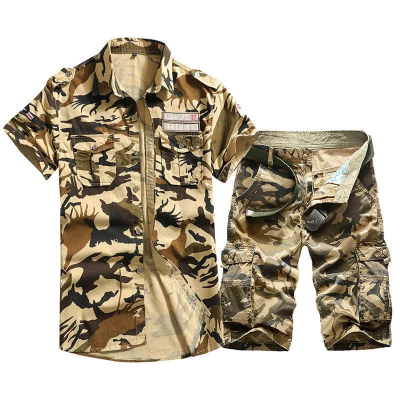 Student Military Trainning Exercise Sets Cotton Summer Shirts Camouflage Multi Pocket Shorts Trendy Youth Tracksuits Men Clothes