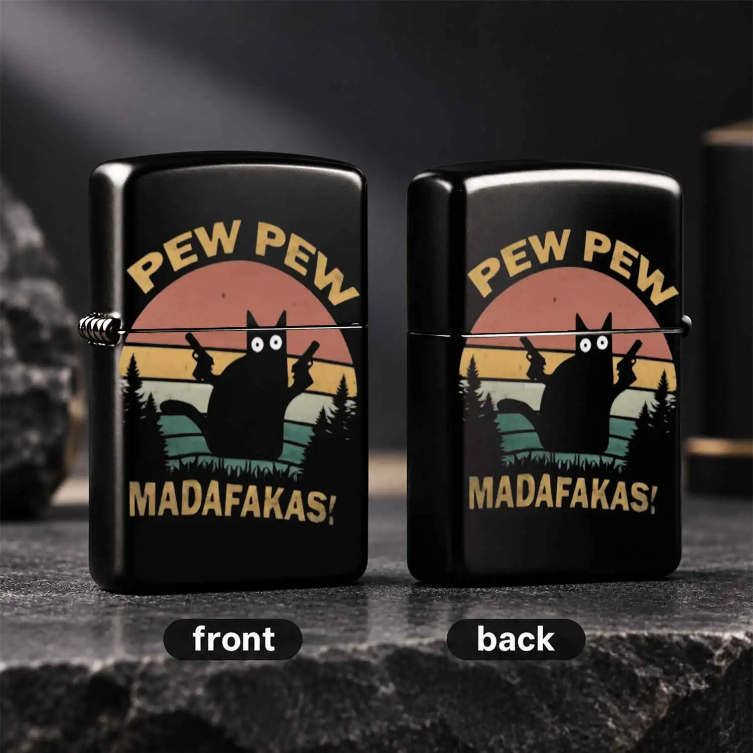 Retro Vintage Style Pew Pew Madafakas Cat Lighter, Funny White Cat Silhouette With Guns Sunset Forest Pattern Portable Igniter, Creative Quirky Decorative Accessory, Ideal Novelty Gift For Casual Daily Use, Gag Present  A Humorous And Inter
