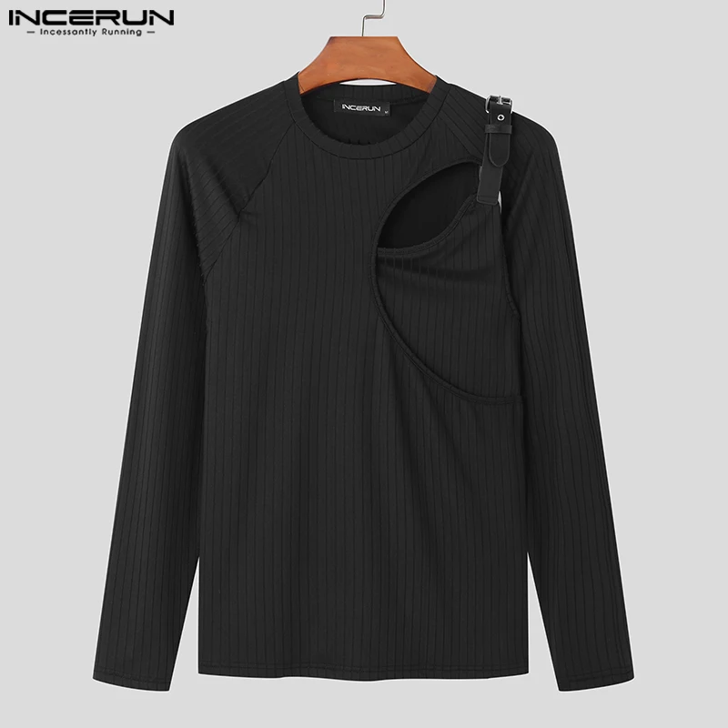 2023 Men T Shirts O-neck Long Sleeve Hollow Out Patchwork Irregular Tee Tops Fitness Streetwear Fashion Men Clothing INCERUN