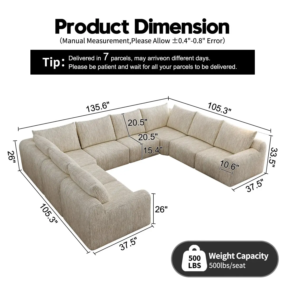 Oversized Modular Curved Sectional Sofa, 8 Seater Corduroy Boneless U-Shaped Reversible Corner Couch,135.4