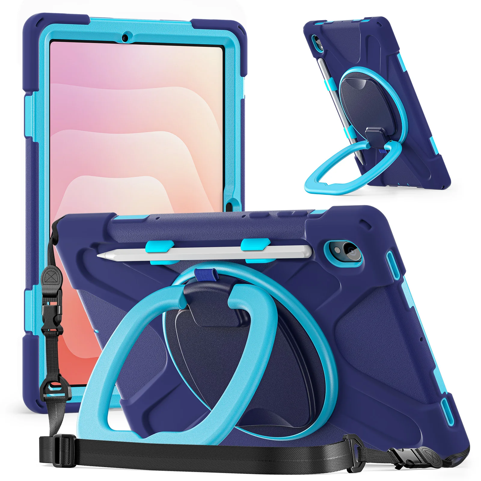 For Samsung Galaxy Tab S11 X730 /  X736 /  X736B Kickstand Case with Shoulder Strap TPU + PC + Silicone Tablet Cover  - Navy Blu