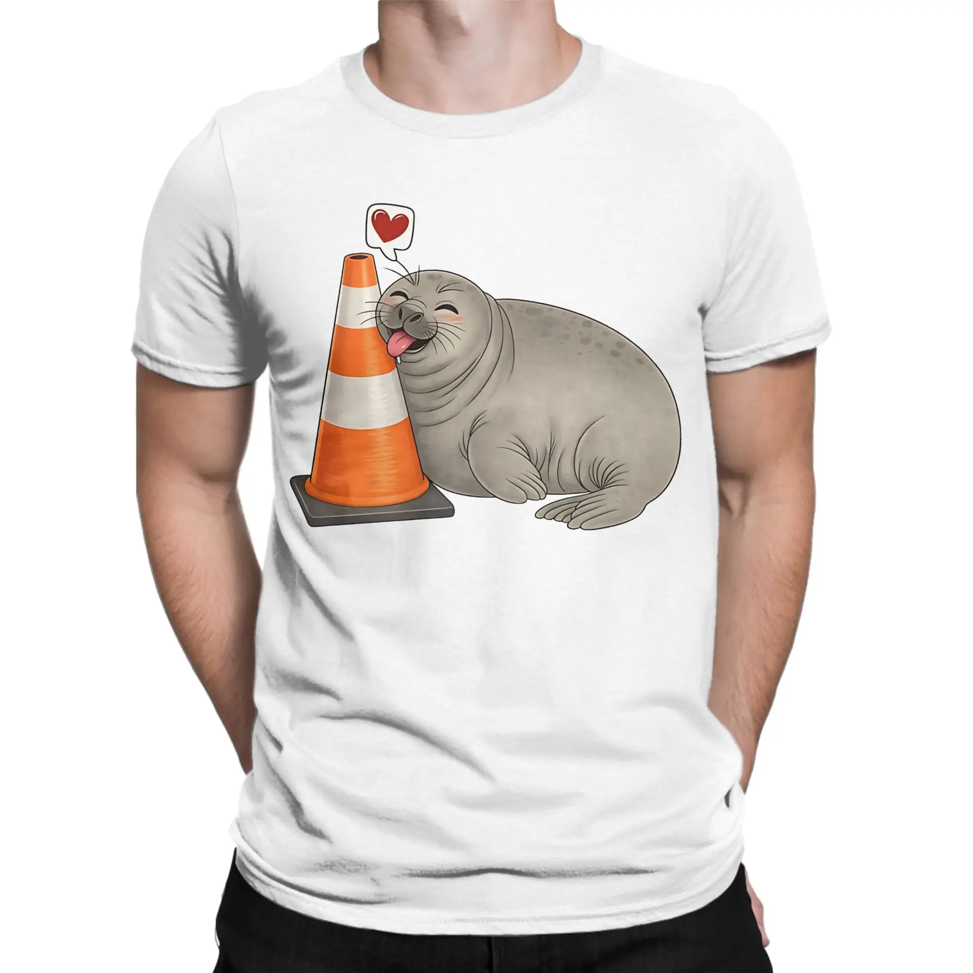 Neil the Seal Cute Elephant Seal Hugging Traffic Cone Men Women's T Shirt Animal Vintage Tees T-Shirts Pure Cotton Clothing