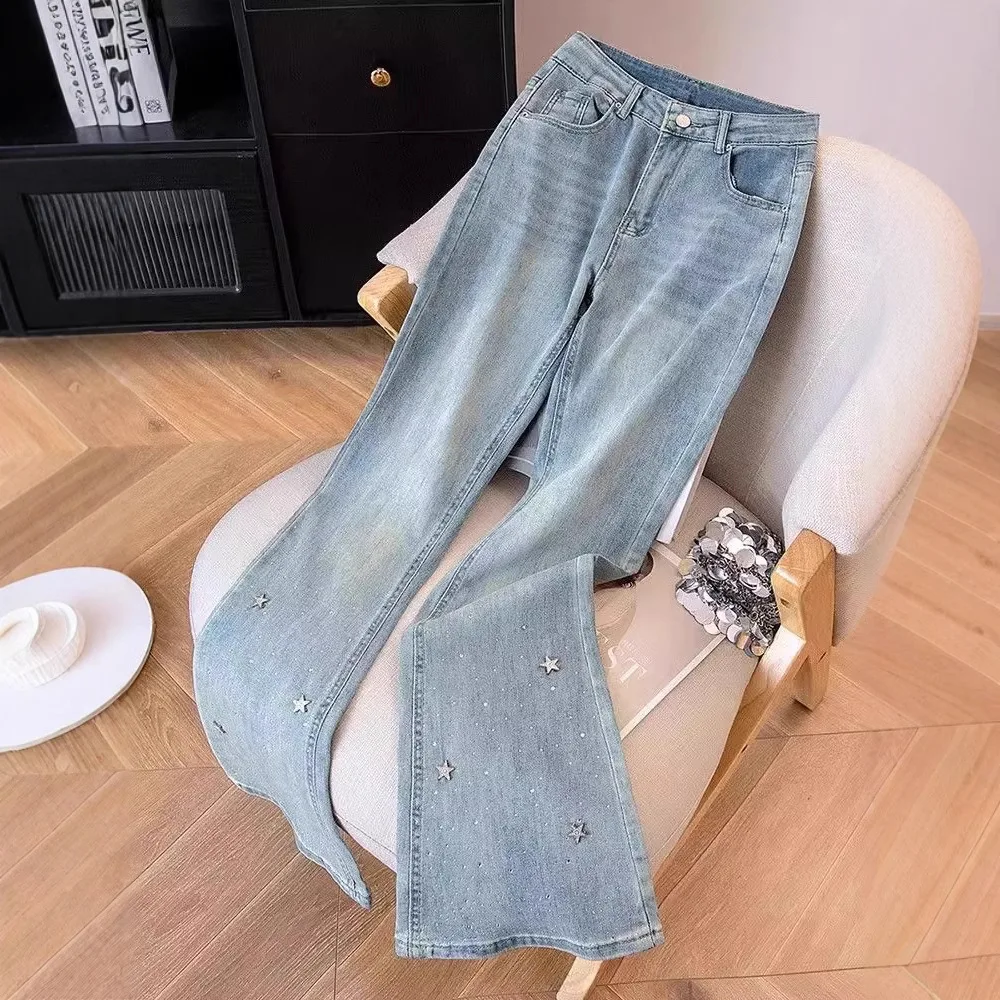 

Женские джинсы с камнями и эффектом потертости, летняя новинка 2026, с высокой талией, облегающие, стрейч, расклешенные, универсальные, в стиле Y2K, длинные брюки