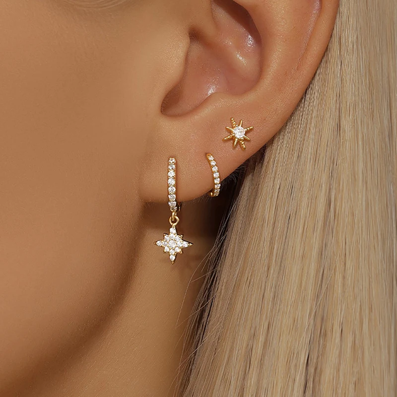 

Exquisite Gold Plated Star Dangle Earrings for Women CZ Zirconia Piercing Pendant Earrings Set Woman Fashion Jewelry Accessory