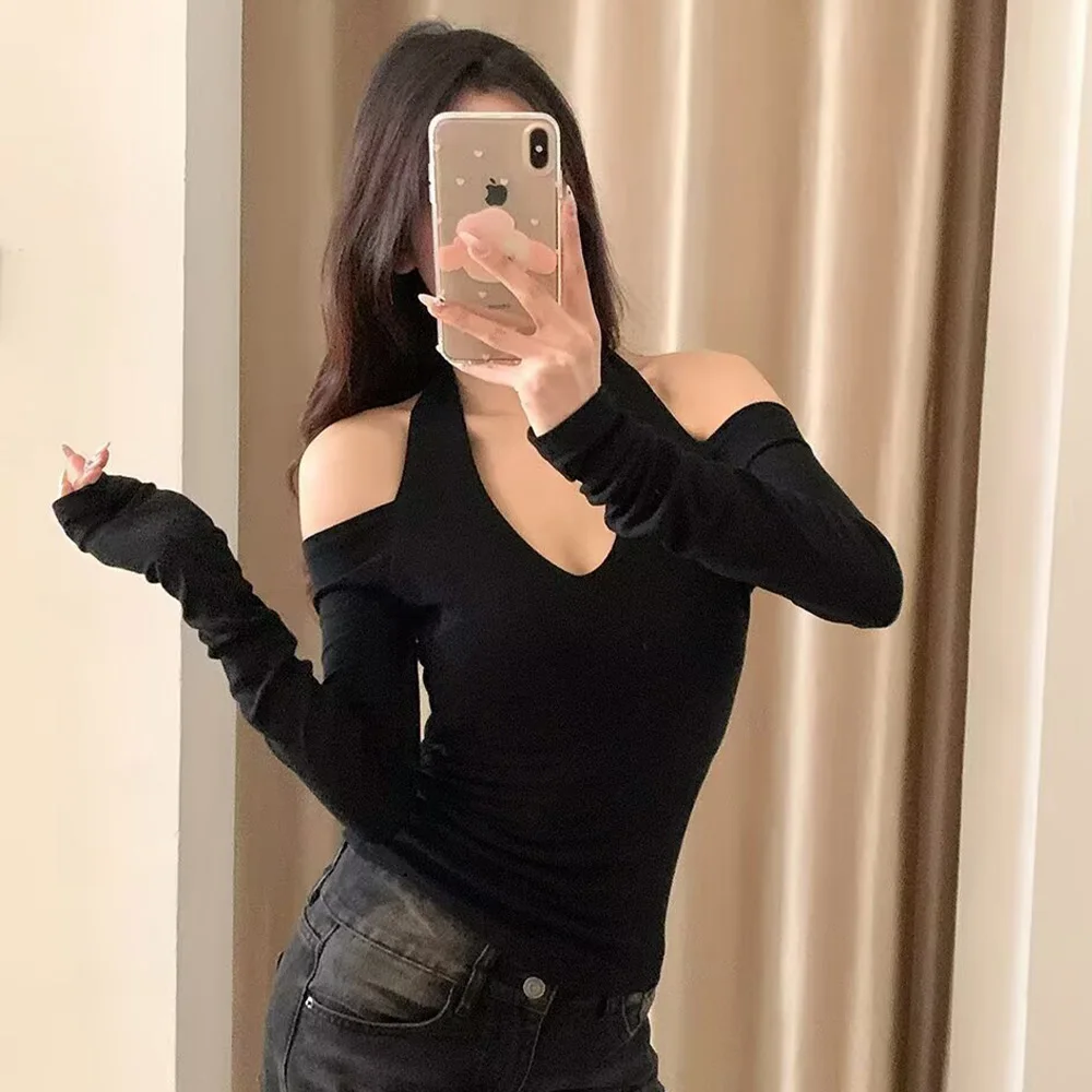 GELITAYIN Women's V-neck Hanging Neck Off Shoulder Double Layered Long Sleeved Base T-shirt Spring/Summer New Women's Clothing