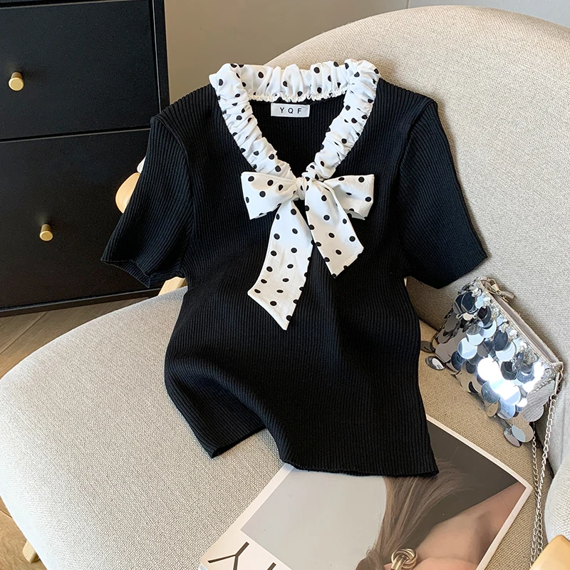 スタイリッシュなボウタイセータートップス女性 2025 夏半袖スリムニット Tシャツニットエレガントな韓国のファッションレディースジャンパー