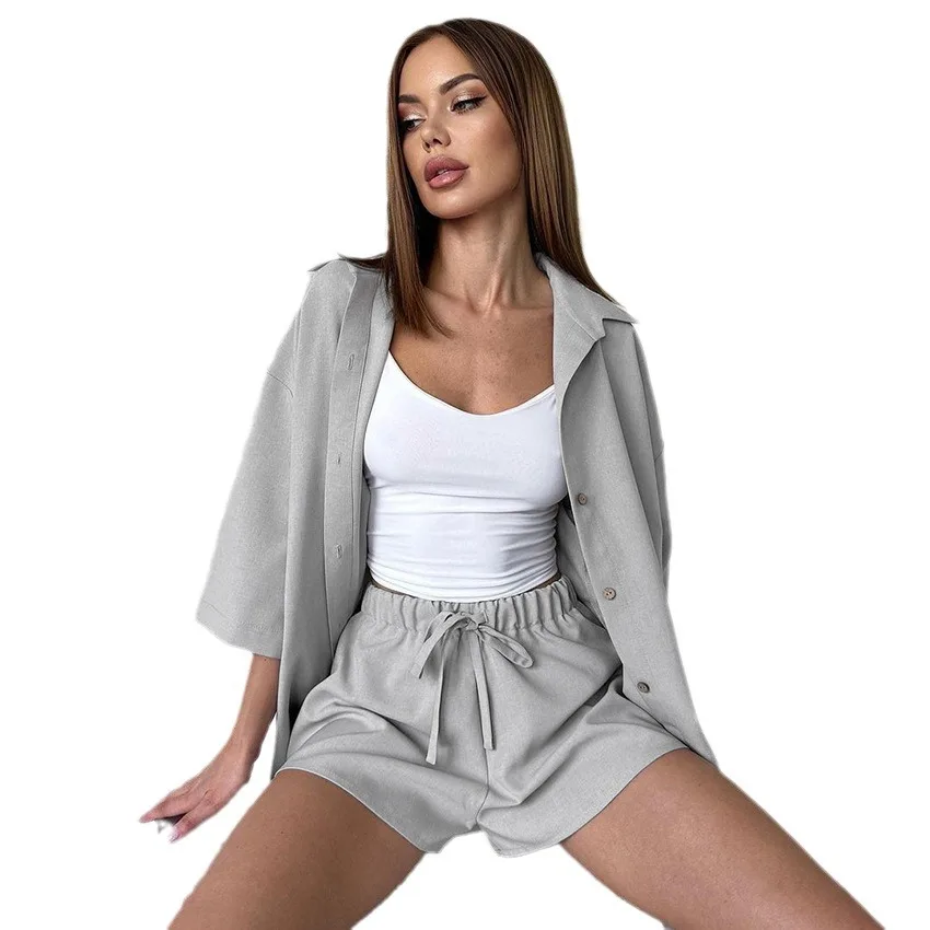 White Cotton Linen Cardigan Pajamas Set Soft Comfortable Long-sleeved Shorts 2PCS Women's Pajamas Nightwear