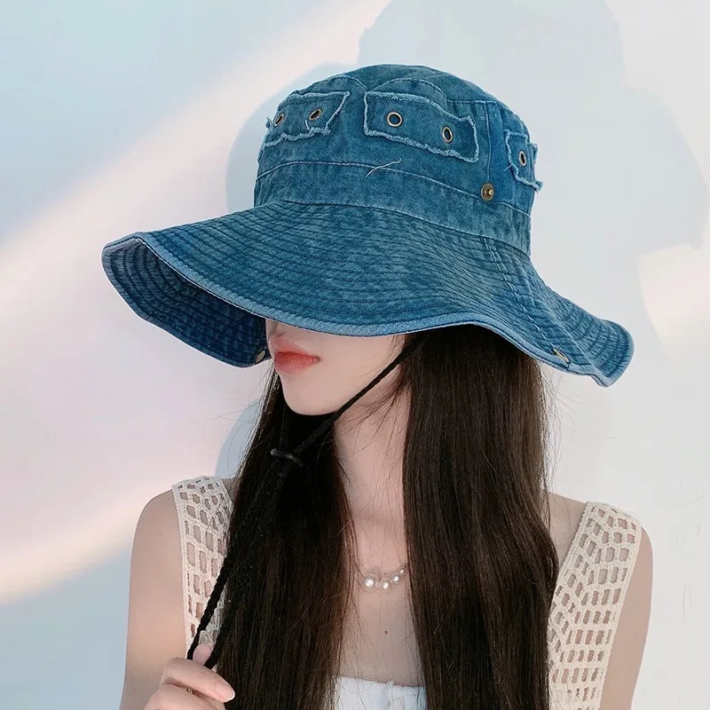 Cowboy Bucket Hat with String Men Denim Beach Sun Hat for Women Outdoor Hiking Fisherman Hat