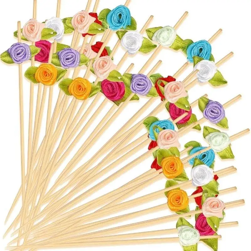 100 Stück Rosen-Bambusstäbchen mit Blättern, rot, blau, weiß, Obstgabeln, Cocktail-Rührstäbchen, Geburtstags-, Hochzeits- und Partydekoration – Detail 7
