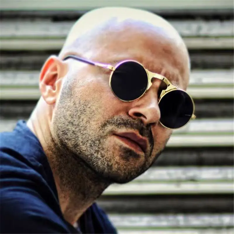 

Retro metal steampunk flip sunglasses flip sunglasses for men and women trendy round frame prince glasses