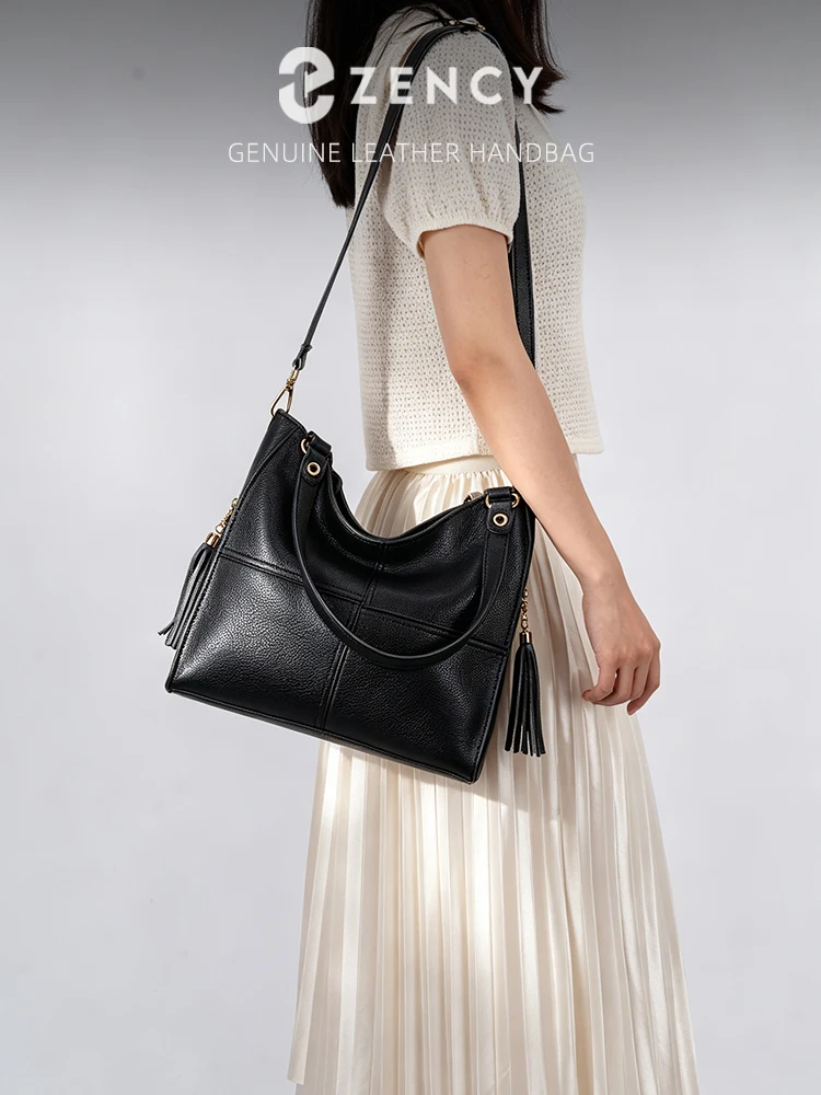 Zency Women Luxury Bag Genuine Leather Women's Work Tote Pure White Designer Tassel Shoulder Shopping Bag Crossbody Strap Bag