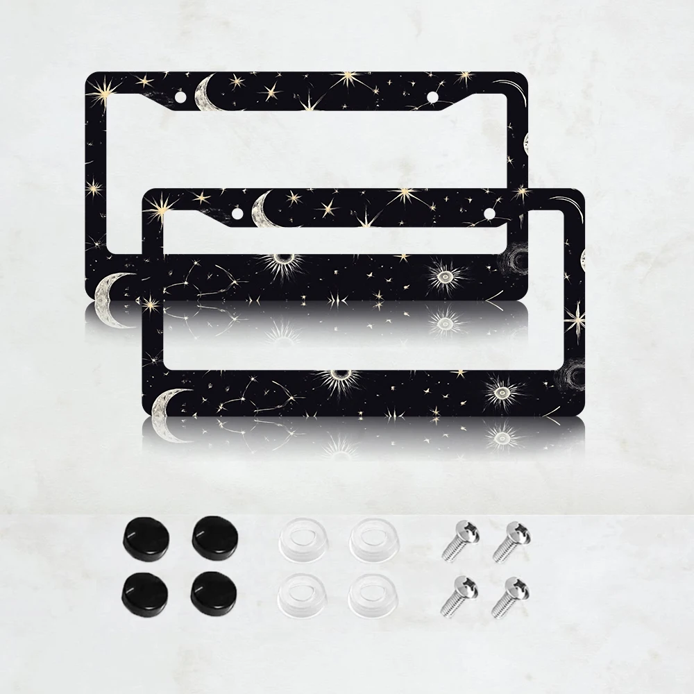 

2 шт. черных рамок для номерных знаков с 2 отверстиями, с дизайном в виде луны и звезд, алюминиевые, 6x12 дюймов, с винтами, стандартный размер США.