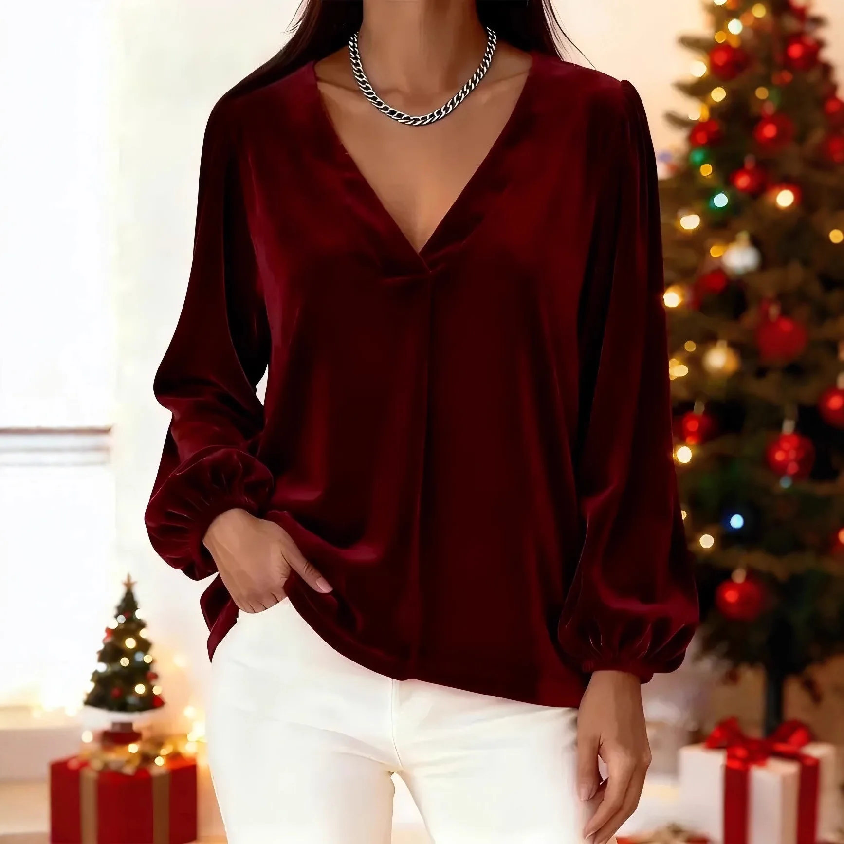 

2025 Autumn and Winter V-neck Temperament Lantern Sleeve T-shirt Women's Top