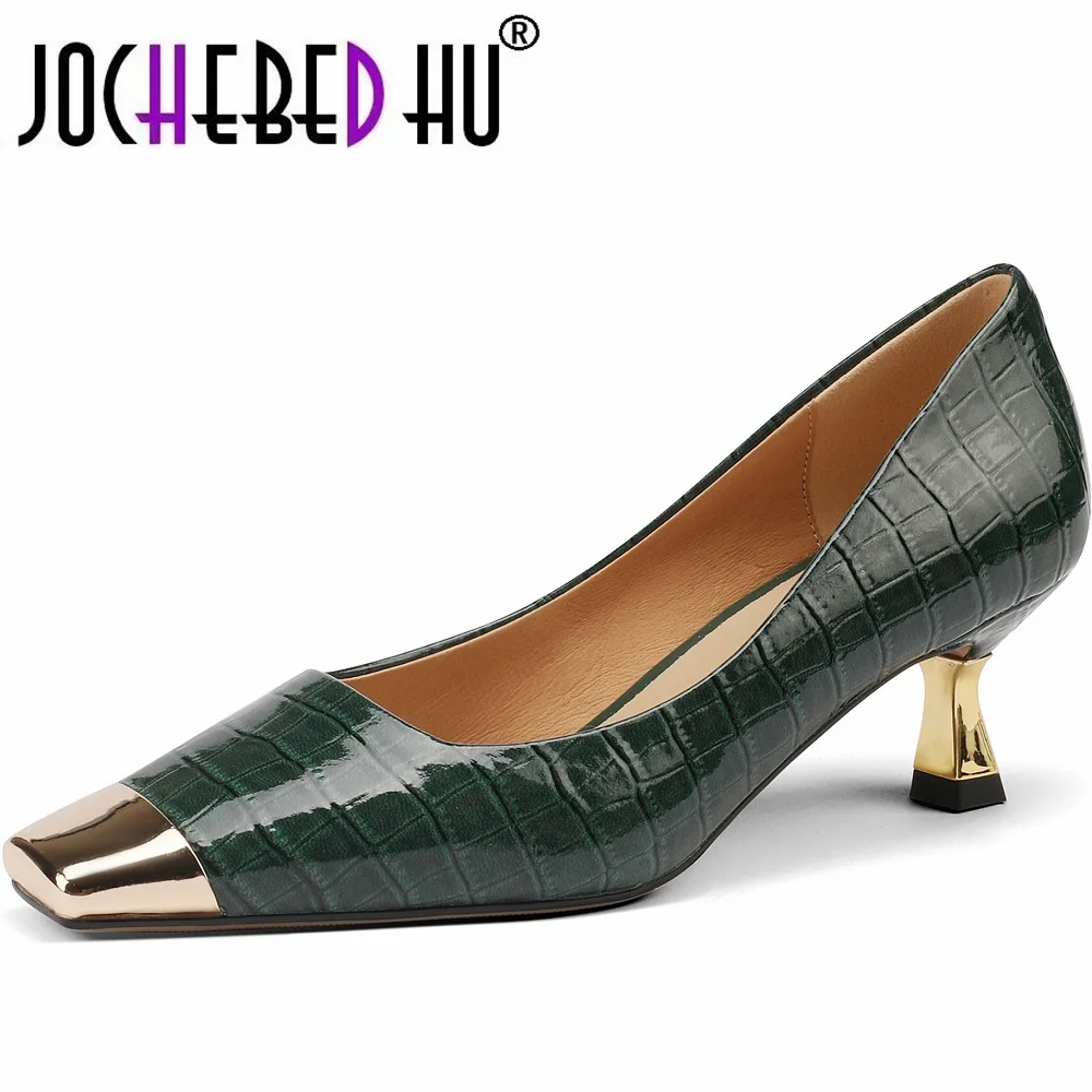 【JOCHEBED HU】Brand New Shoes Metal Square Toe Women\'s Pumps Patchwork Genuine Leather Thin High Heels Ladies Footwear Plus 34-43