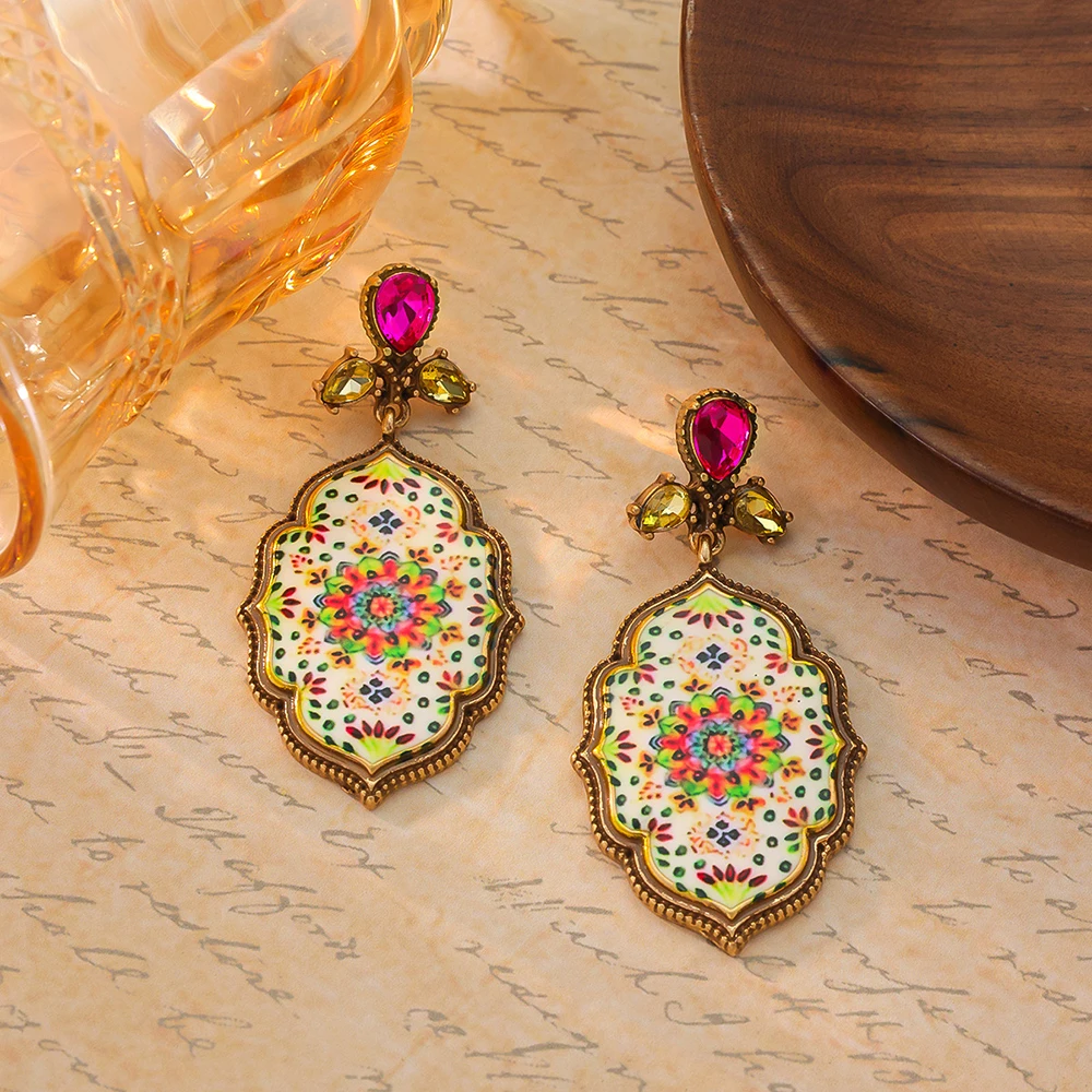 القرون الوسطى خمر ماندالا أقراط العتيقة مطلية بالذهب النفط اللوحة زهرة أقراط للنساء مجوهرات