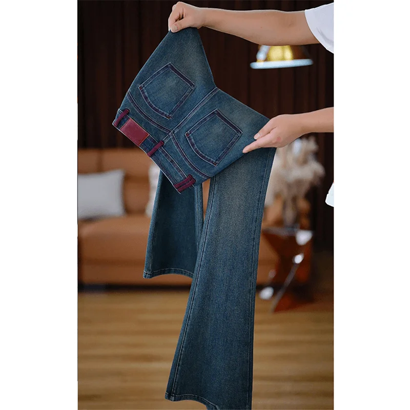 

Slim Fit High Waist Bell Bot Jeans Women's Autumn American Blue Elastic Narrow Version Long Pants Straight Cut Denim